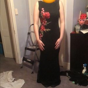 Black lace prom dress with roses on the side